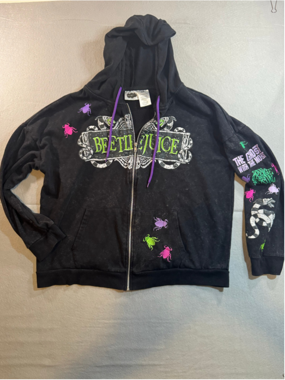 Beetlejuice Hoodie XXL Black Wash Full Zip Strange Unusual Ghost Most Graphic